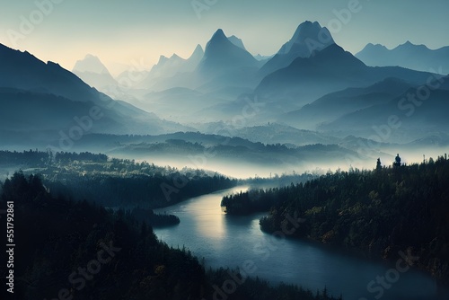 Fantasy background with mountains  fog  and river. 