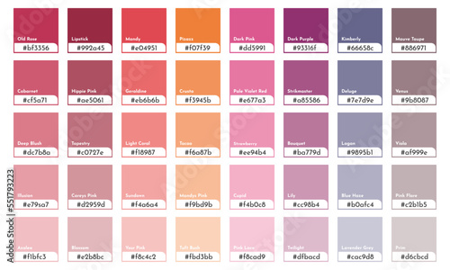 Fashion color guide palette. Trend 2023 year. Vector trands color palette RGB HEX. Color palette for fashion designers, business, clothing and print