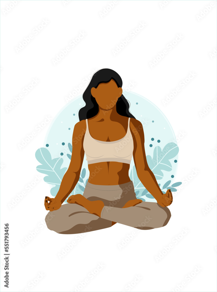 Yoga health benefits of the body, mind and emotions. Pretty young woman in lotus pose, vector flat illustration.