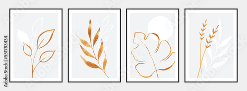 Set of wall art posters with golden watercolor leaves on white background.
