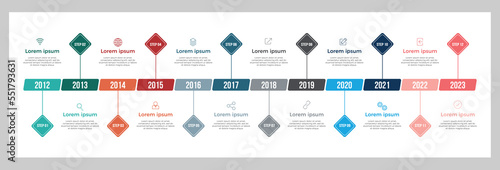 Timeline infographic diamond design template with 12 steps. Colorful timeline vector business template
