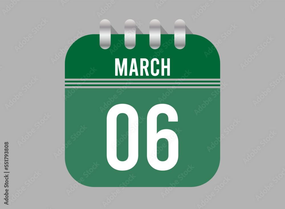 6 March calendar icon. Page vector for calendar on March days. Green