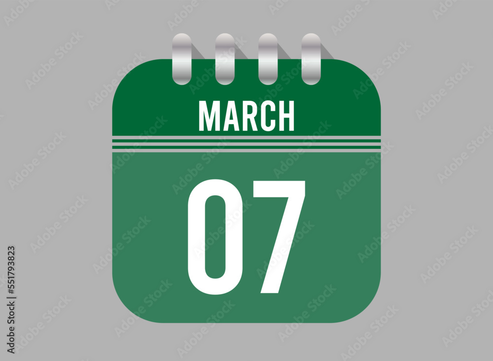 7 March calendar icon. Page vector for calendar on March days. Green design with clear background for holidays and events 7 March calendar icon. Page vector for calendar on March days. Green design with clear background for holidays and events