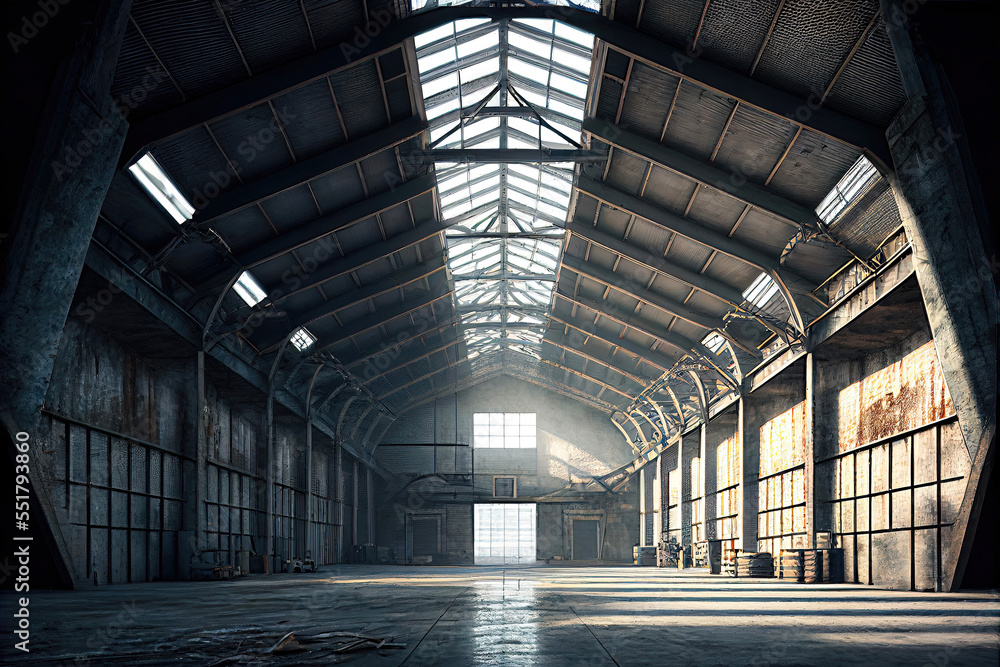 Empty old military hangar or warehouse storage hall (Generative AI) - obrazy, fototapety, plakaty 