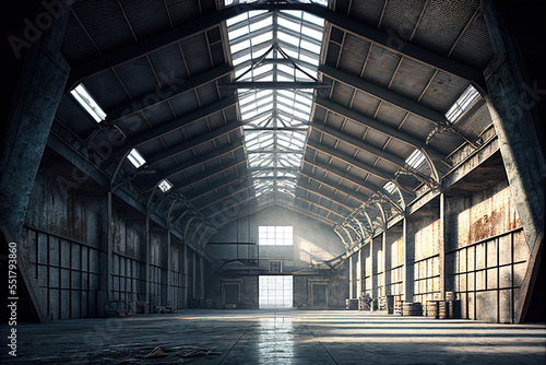Fototapeta Empty old military hangar or warehouse storage hall (Generative AI)