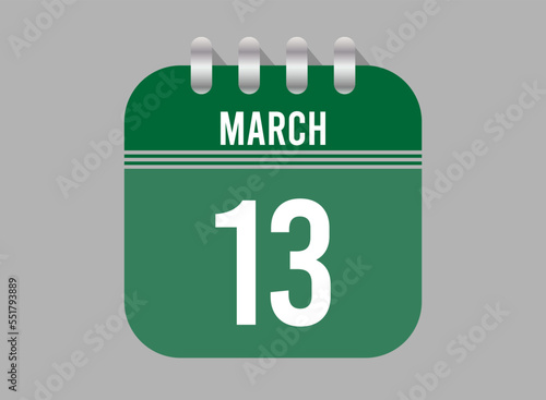 13 March calendar icon. Page vector for calendar on March days. Green design with clear background for holidays and events