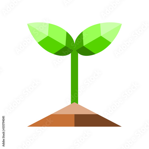 Green leaves seeding sapling tree in soil ground polygon logo icon flat vector design.