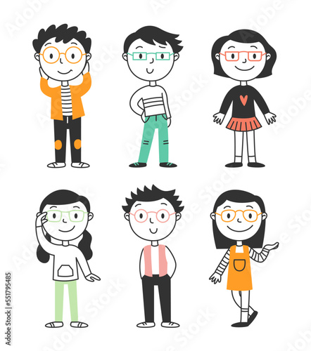 Set of children with glasses. Various types of glasses. Vector doodle linear illustration