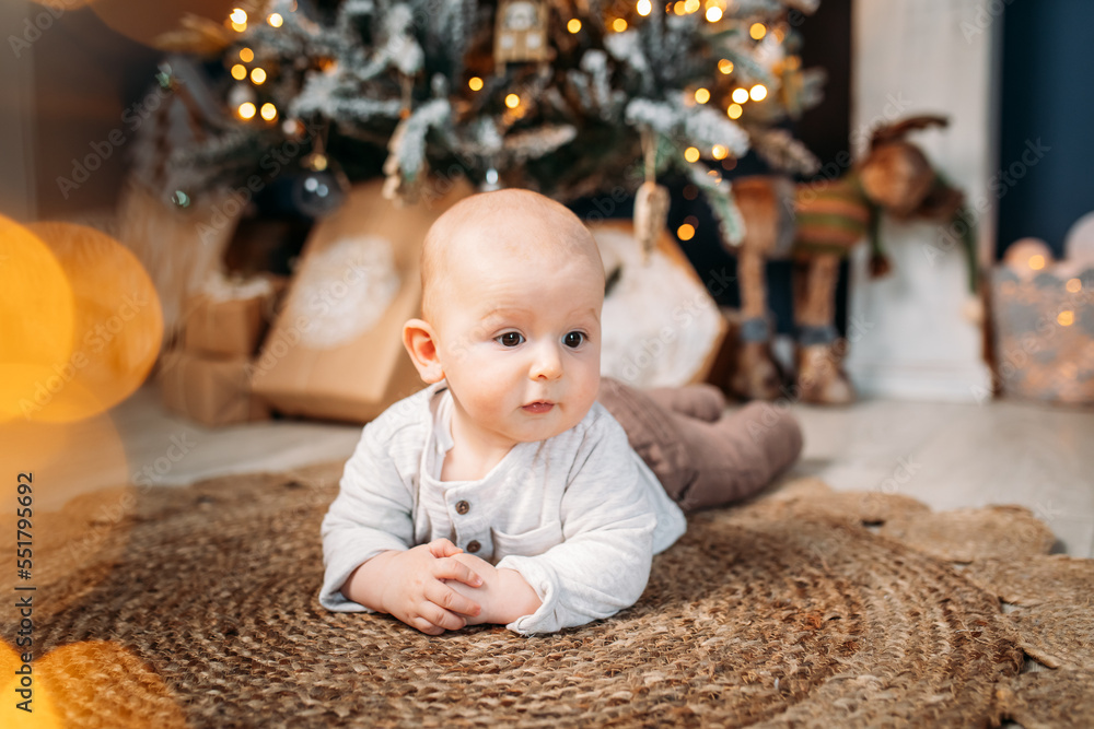 Cute 6 months old baby at Christmas in a studio. Cute 6 months old baby at Christmas in a studio.