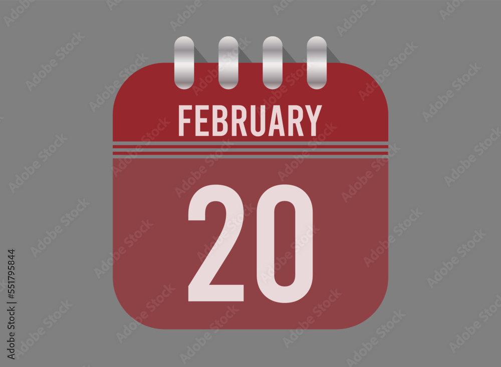 20 February calendar icon. Page vector for calendar on February days. Red design with dark background