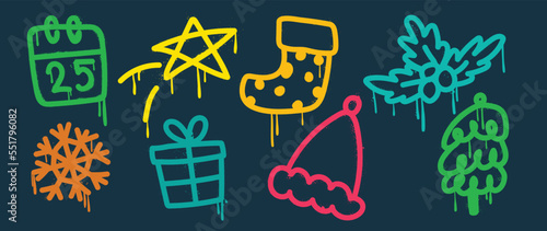 Set of christmas elements spray paint vector. Graffiti, grunge, glow elements of christmas tree, star, snowflake, holly, sock on dark background. Design illustration for decoration, card, sticker.