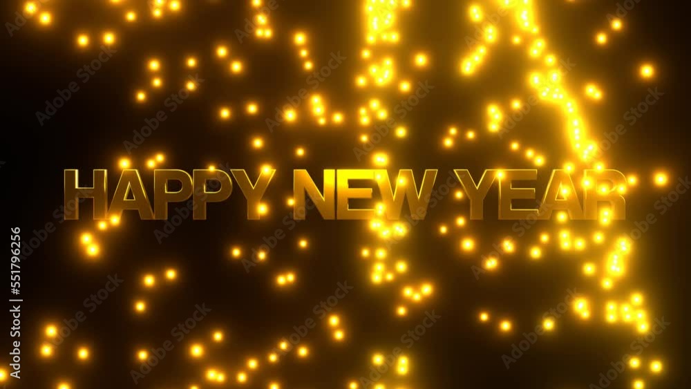 Happy New Year with golden falling particle on black background. 4K UHD. 3d rendering. Happy New Year with golden falling particle on black background. 4K UHD. 3d rendering.