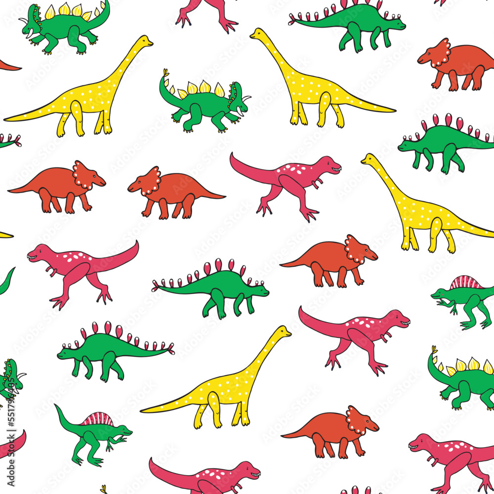 Obraz premium Dinosaurs doodle vector seamless pattern.
