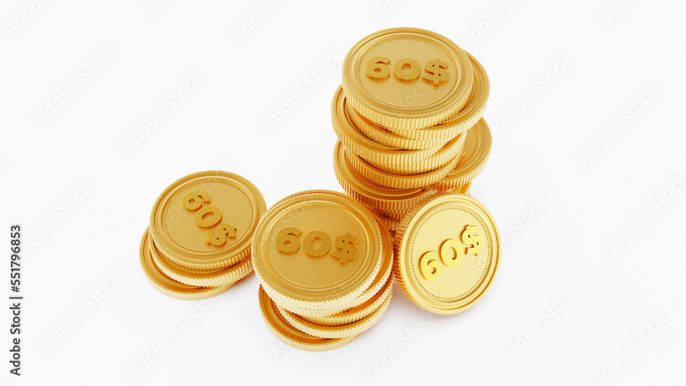 3D render of golden stack coins isolated on a white background. sixty dollar coins