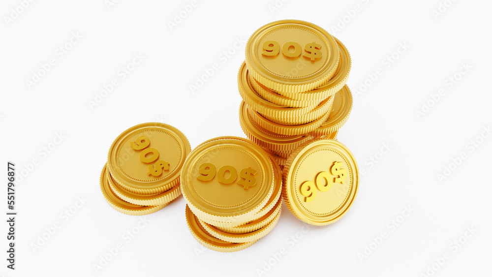 3D render of golden stack coins isolated on a white background. ninety dollar coins