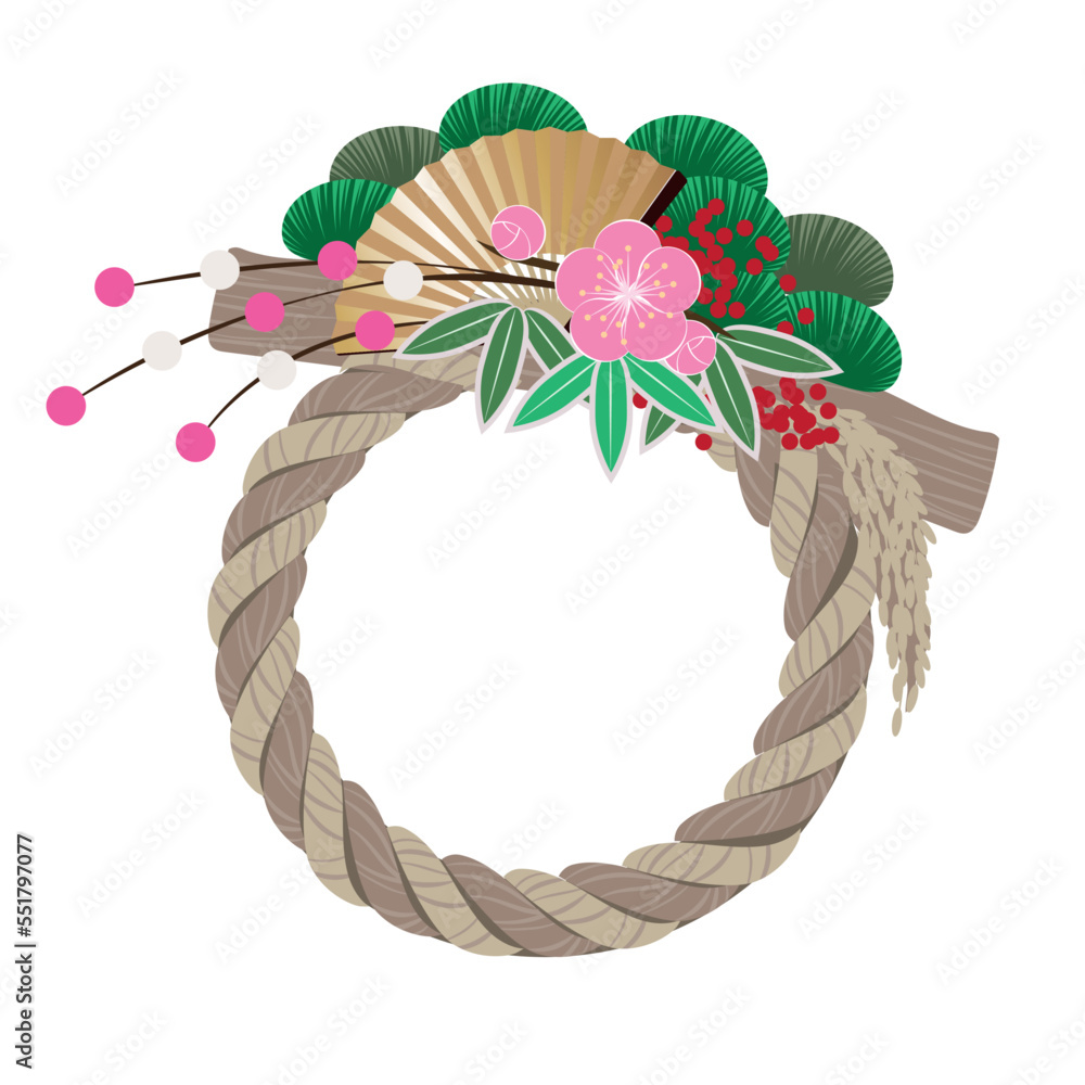 お正月 しめ縄飾り イラスト素材 松竹梅と扇と餅花 Stock Vector | Adobe Stock
