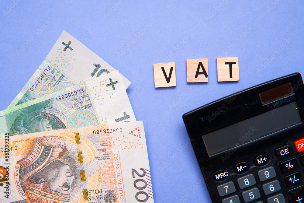 inscription Vat next to the polish zlotys. Vat means value-added tax. inscription Vat next to the polish zlotys. Vat means value-added tax.