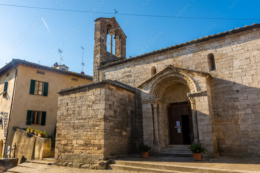 San Quirico d'Orcia, Italy, 16 April 2022:  Medieval church of the historic center