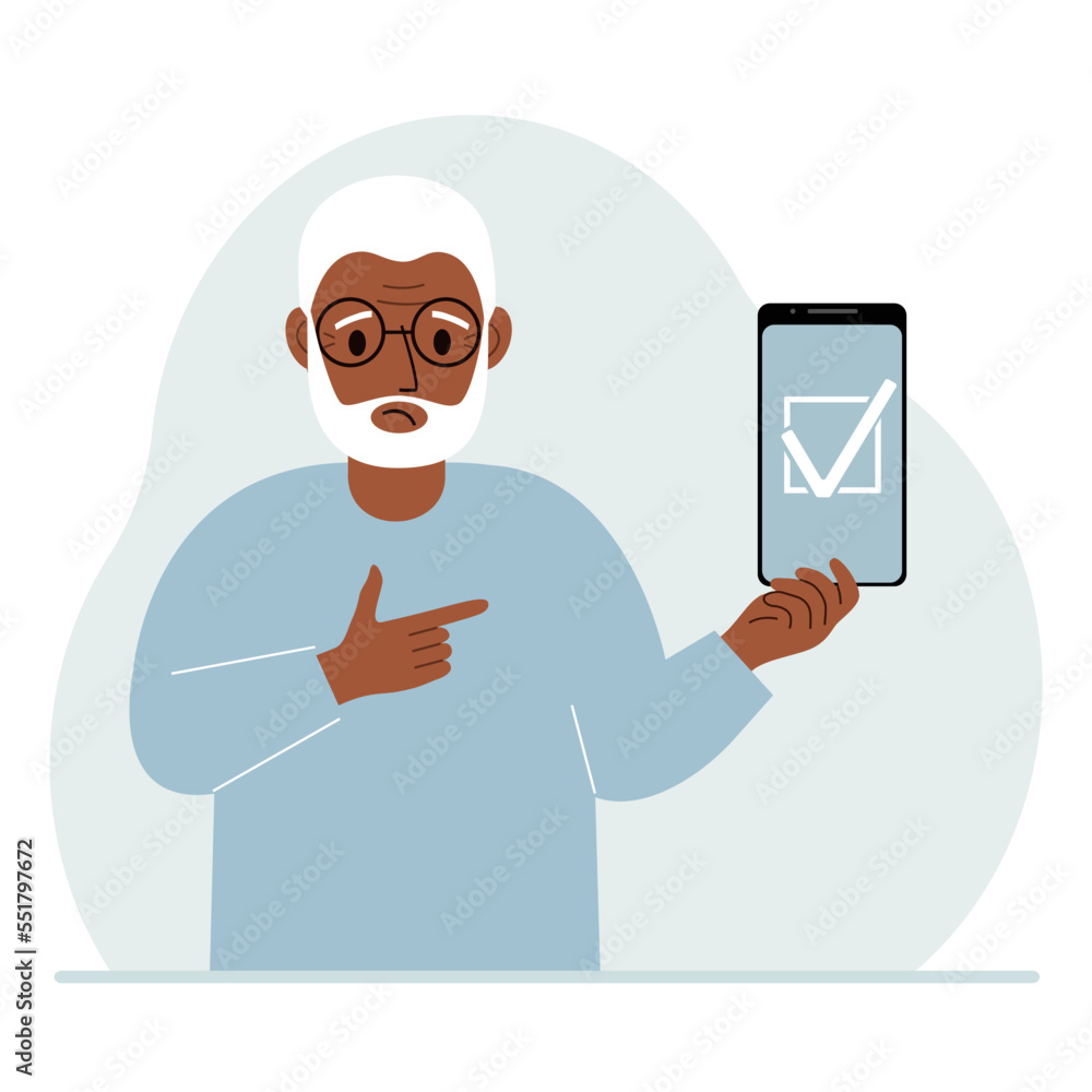 A man is holding a phone with a check mark on the screen. The concept of choice, voting or defence.