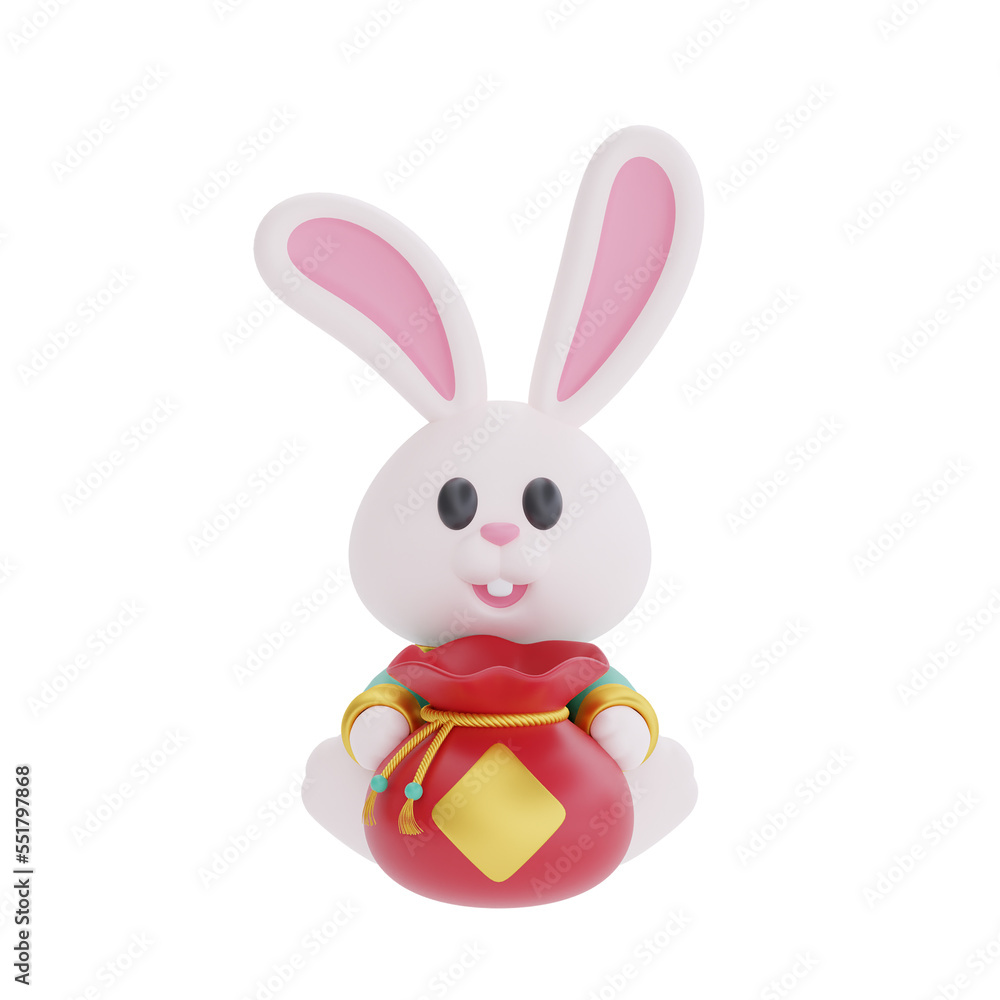 3D cute rabbit holding red fortune bag isolated, decoration for Chinese new year, Chinese Festivals, Lunar, CYN 2023, Year of the Rabbit, 3d rendering.