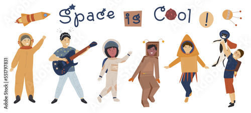 Children space disco. Playing astronauts. Vector illustration