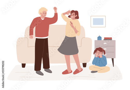 Domestic violence concept. Abusive relationship. Angry man is taking swing at the woman. Husband hitting wife in front of child. Parents arguing, yelling. Crying kid. Flat cartoon vector illustration. photo