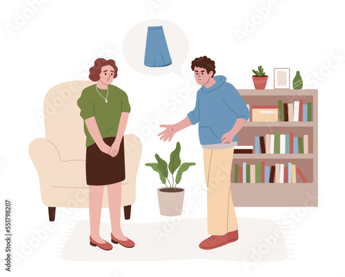 Psychological abuse. Controlling husband yelling at wife. Shaming for short skirt. Slutshamming abusive behavior. Domestic violence concept. Abusive relationship. Flat cartoon vector illustration.