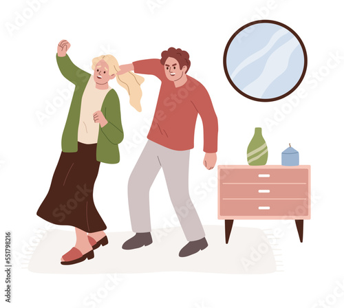 Physical abuse. Domestic violence. Aggressive husband pulling wife by the hair. Man beating a woman. Abusive relationship. Flat cartoon vector illustration.