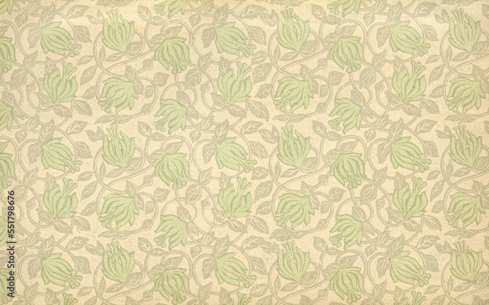 Used antique floral wallpaper with flowers and leaves