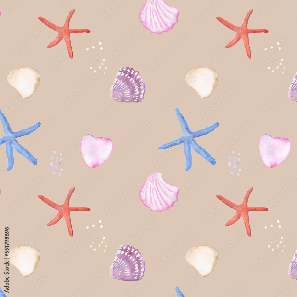 Seashell pattern, fabric pattern, marine pattern, starfish, watercolor illustration, ornament 
