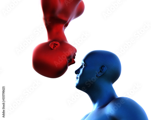 3d render. Portrait of a blue bald man upside down and a red bald woman on a white background. 