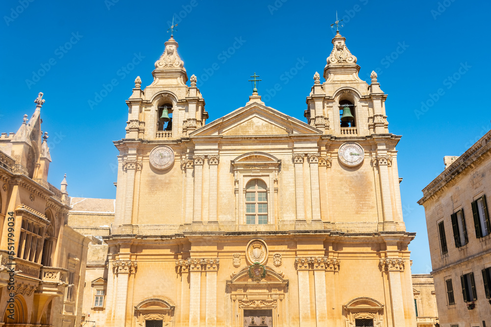Facade of the St. Paul's Cathedral of  Mdina, Malta