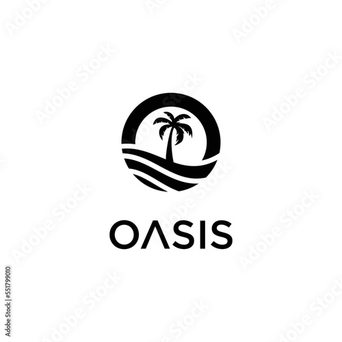 Letter O and desert illustration with tall palm tree logo design