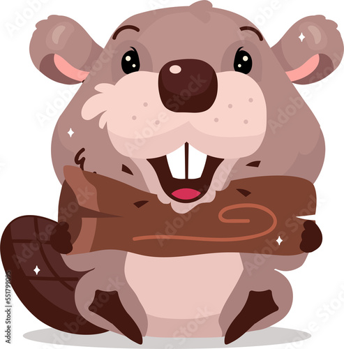 Cute fluffy beaver gnawing wood semi flat color raster character. Soft toy. Posing figure. Full body animal on white. Simple cartoon style illustration for web graphic design and animation