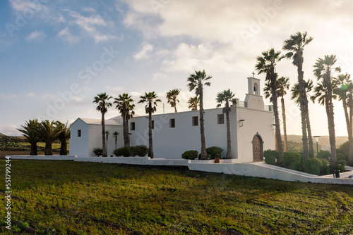 White church of Ye, village at the foot of Monte Corona volcano in Lanzarote, Canary Islands, Spain