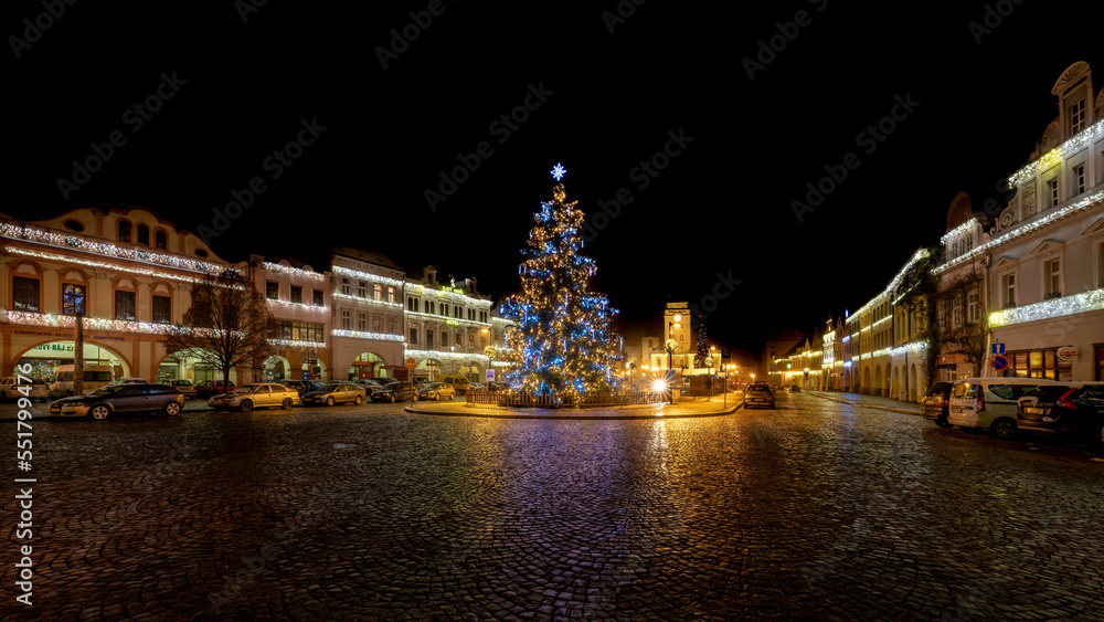 Decorated town in Advent - evening photography of the Czech city of hops