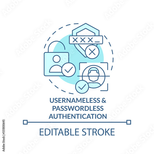 Usernameless and passwordless authentication turquoise concept icon. Access abstract idea thin line illustration. Isolated outline drawing. Editable stroke. Arial, Myriad Pro-Bold fonts used