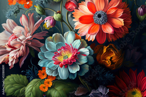Oil painted flowers in vibrant colours. Generative AI photo