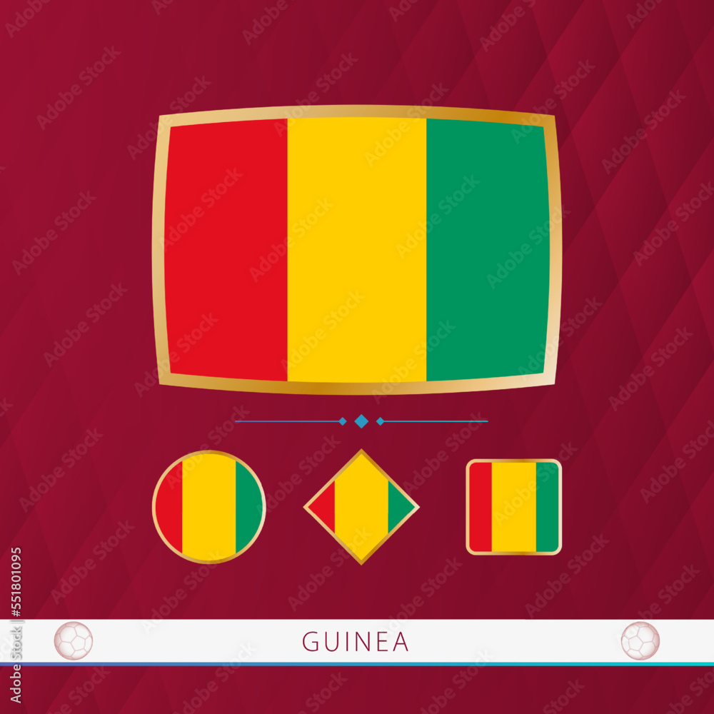 Fototapeta premium Set of Guinea flags with gold frame for use at sporting events on a burgundy abstract background.