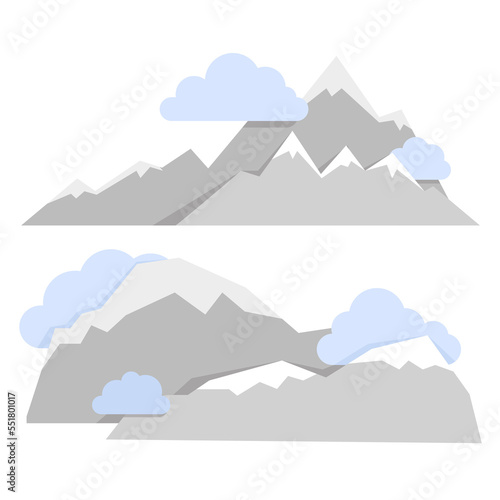 Set of different compositions of gray mountains with blue clouds