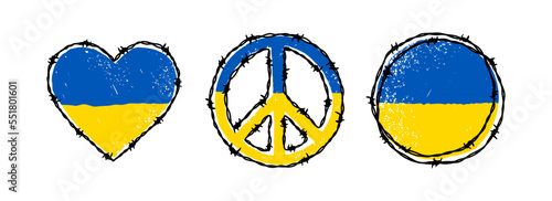 Barbed wire circle, peace sign and heart shapes in Ukrainian flag blue and yellow colors. Hand drawn vector illustration in sketch style. Save Ukraine concept