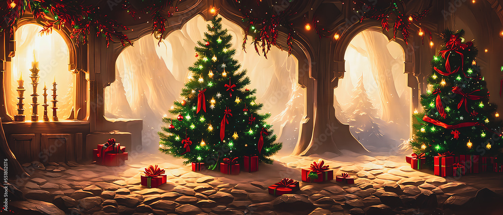 Artistic illustration of a beautiful Christmas tree in eve time.