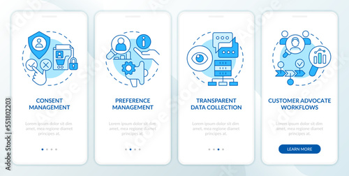 CIAM aspects blue onboarding mobile app screen. Customer regulation walkthrough 4 steps editable graphic instructions with linear concepts. UI, UX, GUI template. Myriad Pro-Bold, Regular fonts used