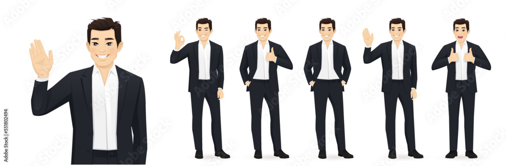 Asian business man in black suit different poses set. Various gestures - greeting, showing ok sign, thumbs up isolated vector illustration