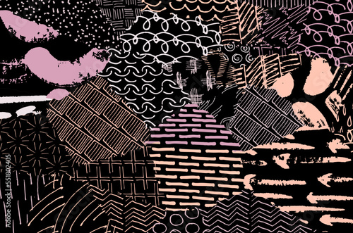 Abstract black strokes, Hand sketched Vector Pattern. Retro abstract pattern in geometric style. Abstract multicolored geometric pattern.	
