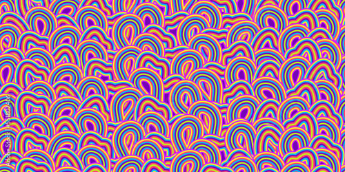 Colorful pink purple psychedelic swirl seamless pattern with hallucination swirls. Vector illustration. Trippy 70s textile background. Groovy design