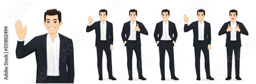 Asian business man in black suit different poses set. Various gestures - greeting, showing ok sign, thumbs up isolated vector illustration