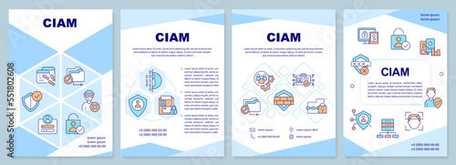 CIAM blue brochure template. Customer identity management. Leaflet design with linear icons. Editable 4 vector layouts for presentation, annual reports. Arial-Black, Myriad Pro-Regular fonts used