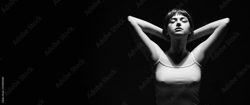 Fototapeta premium Art female dark portrait with hands and face. Unusual photo of body woman