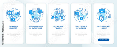 Starting home business caveats blue onboarding mobile app screen. Walkthrough 5 steps editable graphic instructions with linear concepts. UI, UX, GUI template. Myriad Pro-Bold, Regular fonts used